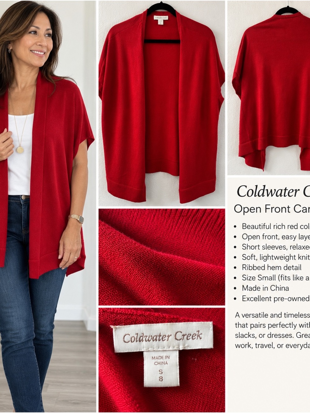 Coldwater Creek Open-Front Short-Sleeve Cardigan - Rich Red